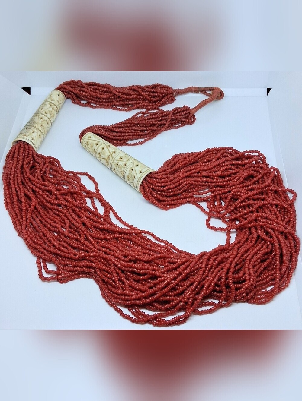 * Vintage Multi Strand Red Coral & Carved Bone Or Horn Tribal Necklace